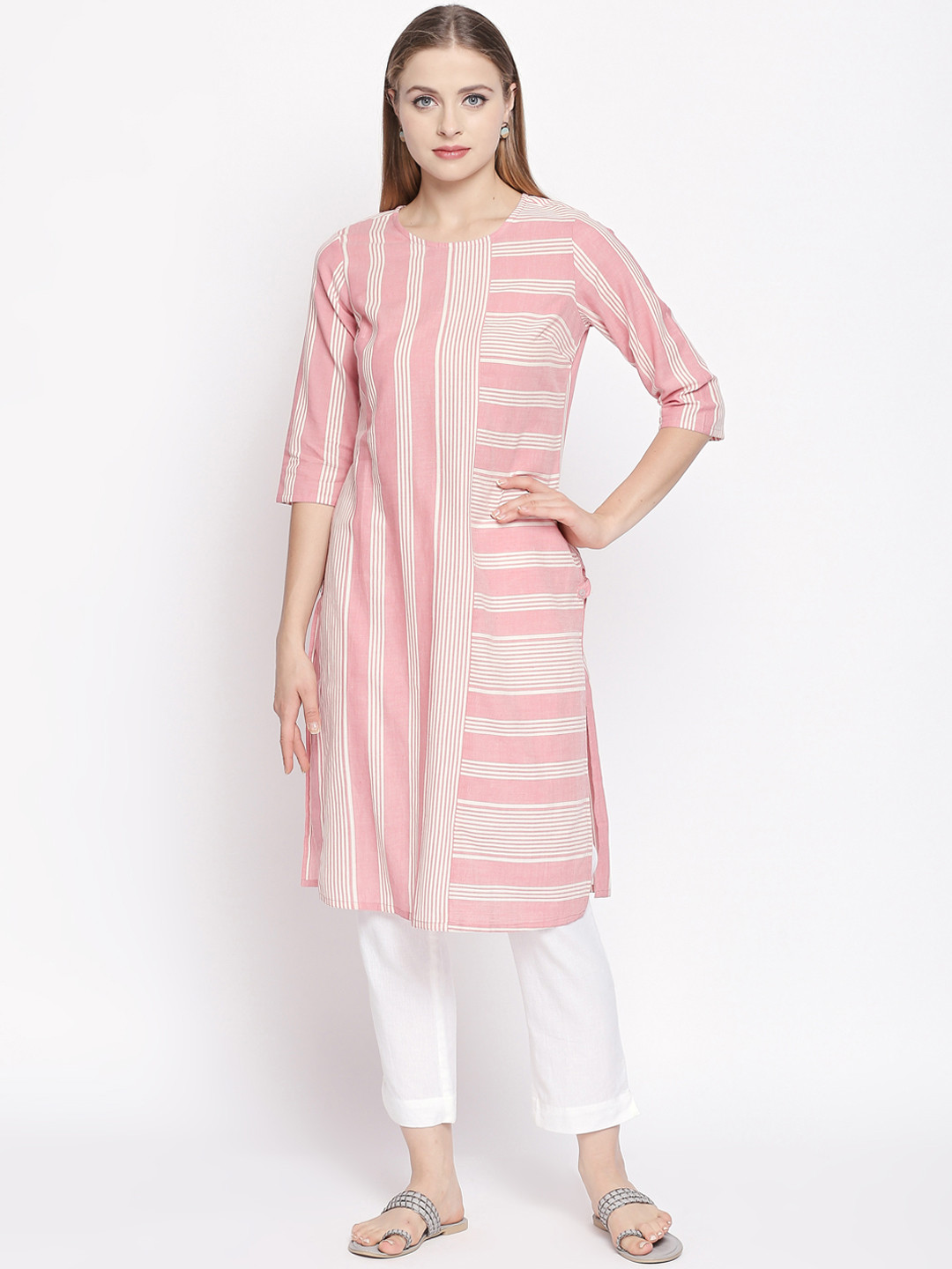 

RANGMANCH BY PANTALOONS Women Coral & White Striped Straight Kurta