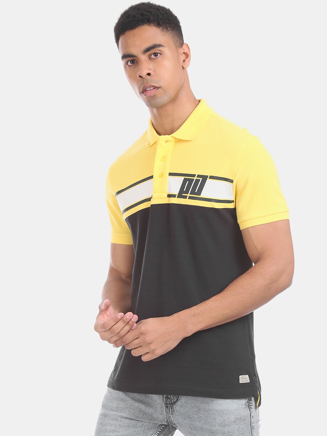 

Ed Hardy Men Black Yellow Colourblocked Polo Collar Pure Cotton T-shirt