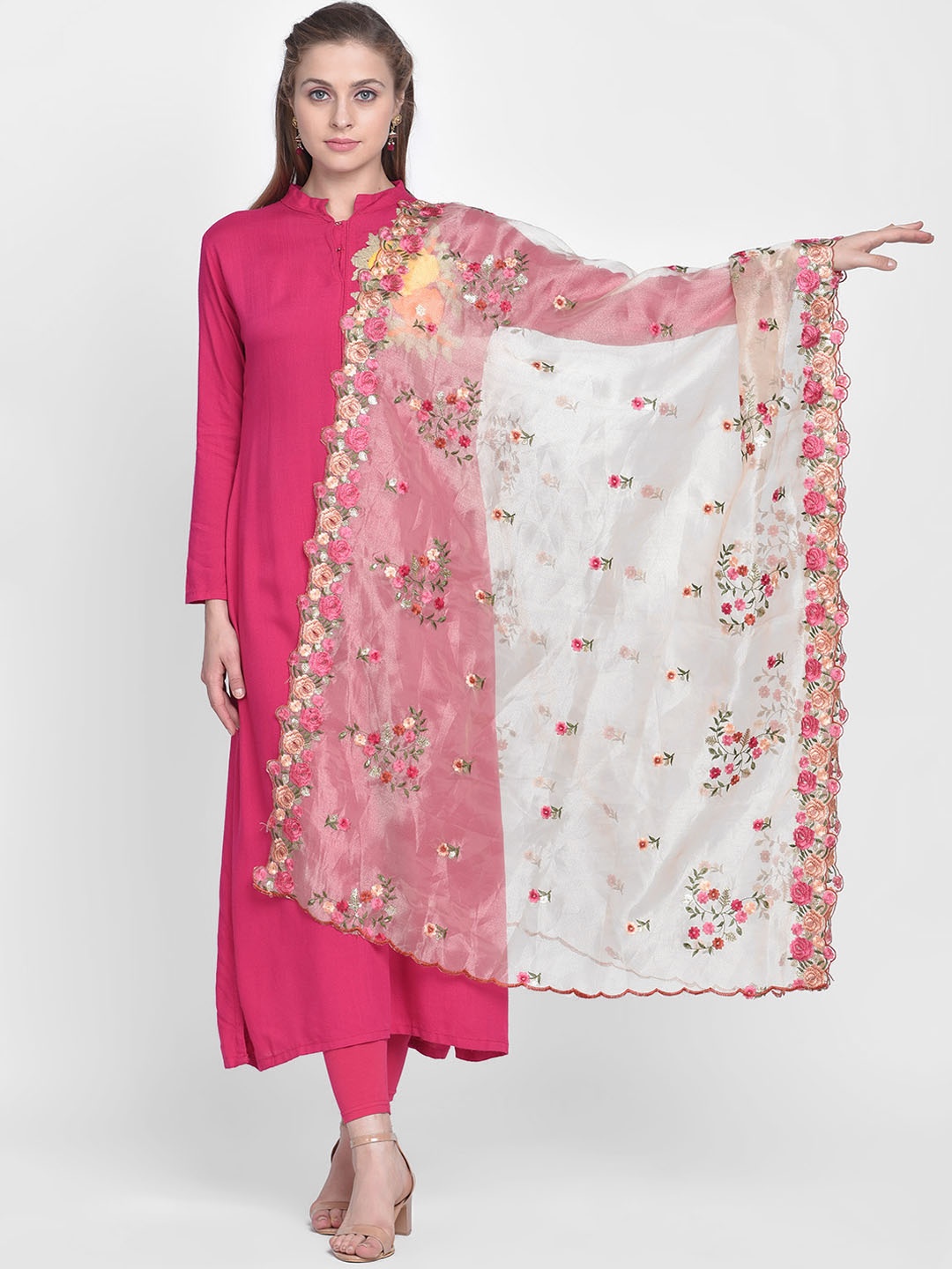 Dupatta Bazaar Gold-Coloured & Pink Embroidered Organza Dupatta
