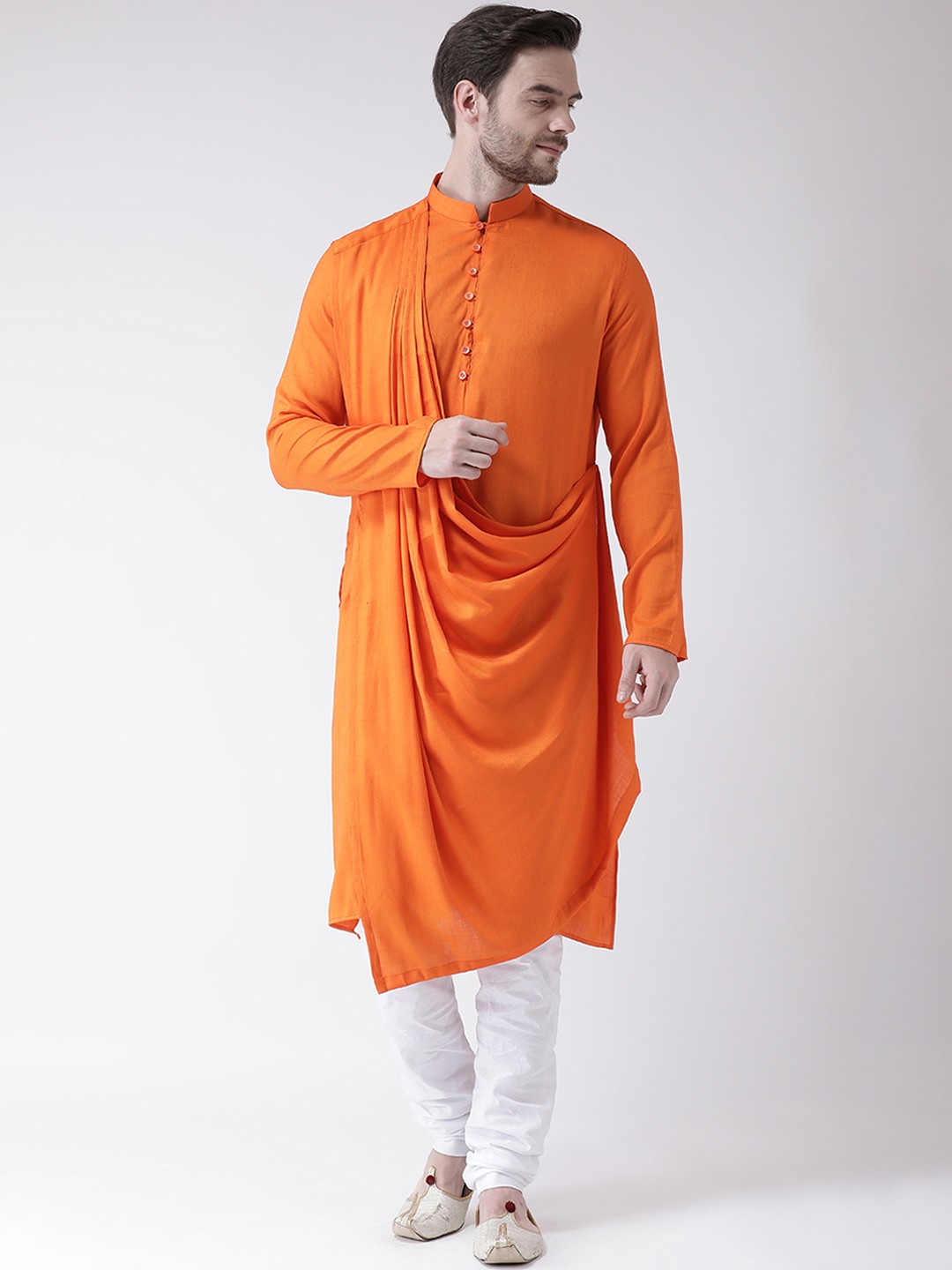 

DEYANN Men Orange & White Solid Kurta with Churidar & Attached Dupatta