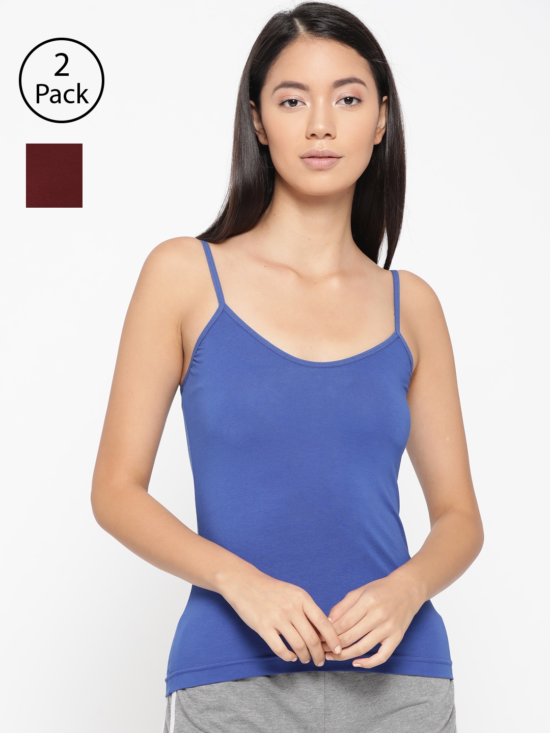 

Lady Lyka Women Pack of 2 Solid Adjustable Straps Camisoles CAMI-04-BLU-MRN, Blue