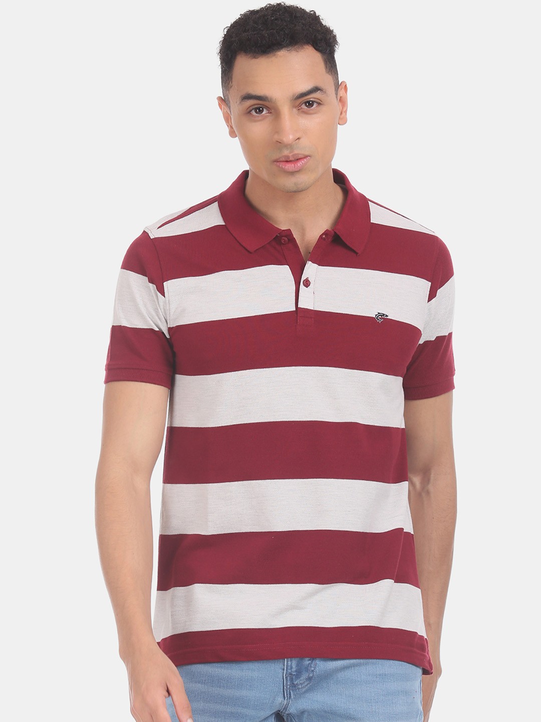 

Ruggers Men Maroon & White Striped Polo Collar T-shirt