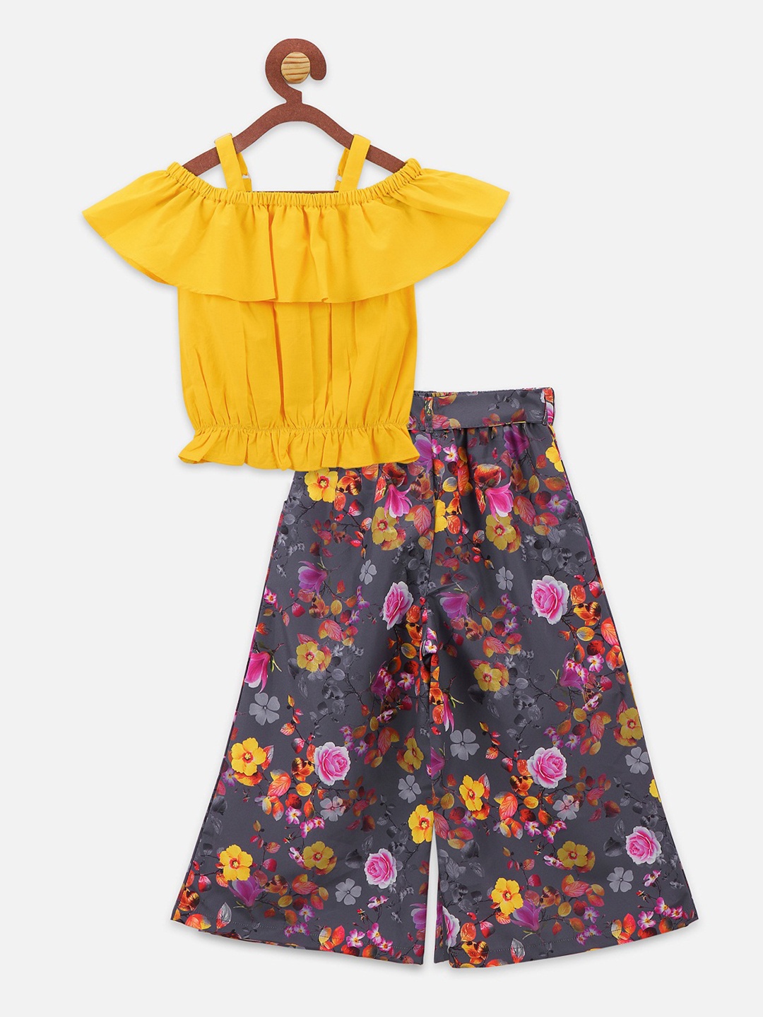 

LilPicks Girls Grey & Yellow Solid Top with Culottes