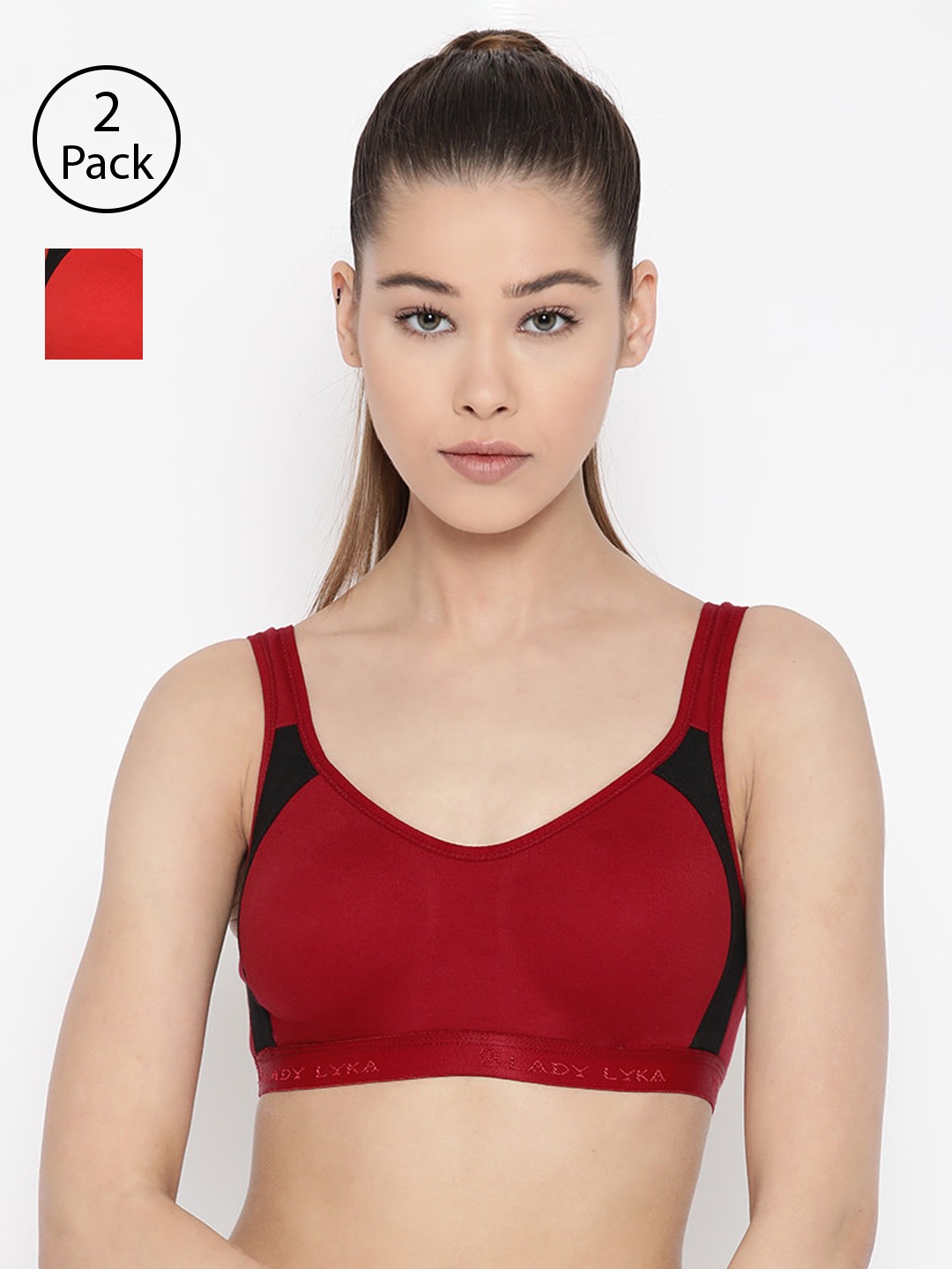 

Lady Lyka Pack of 2 Solid Non-Wired Non Padded Sports Bras LILAC-RED-MRN