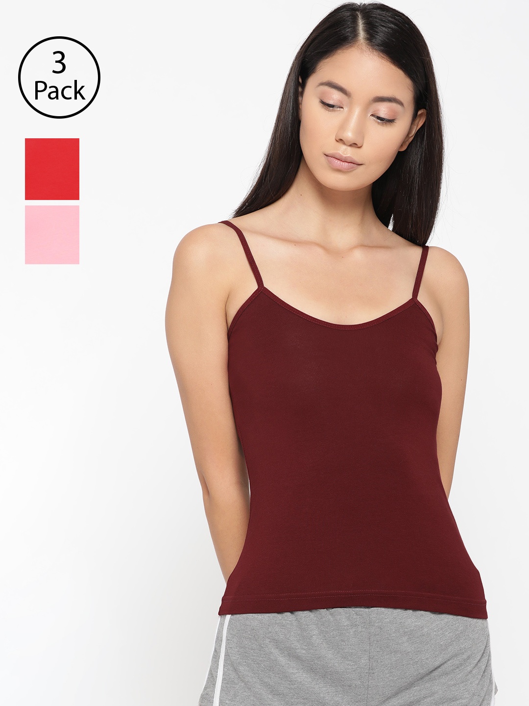 

Lady Lyka Women Pack Of 3 Solid Adjustable Straps Camisoles CAMI-04-RED-MRN-PNK