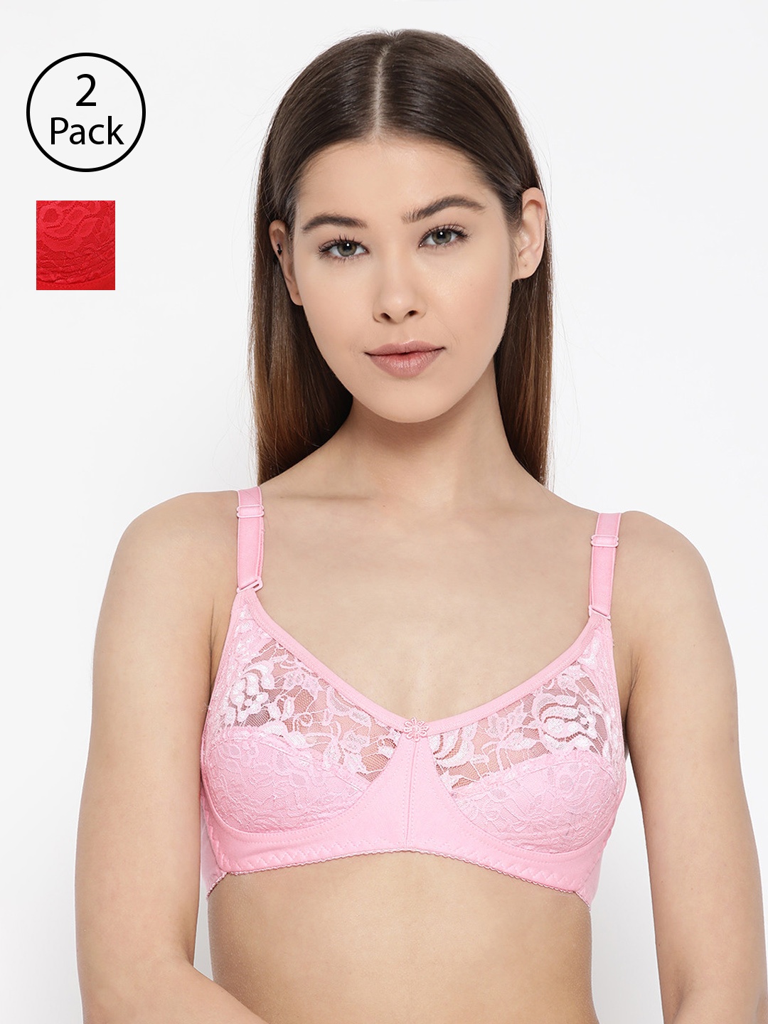 

Lady Lyka Pack of 2 Lace Non-Wired Non Padded Lace Everyday Bras IMPRESSION, Pink