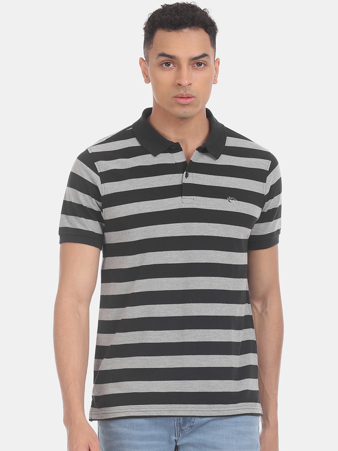 

Ruggers Men Black & Grey Striped Polo Collar T-shirt