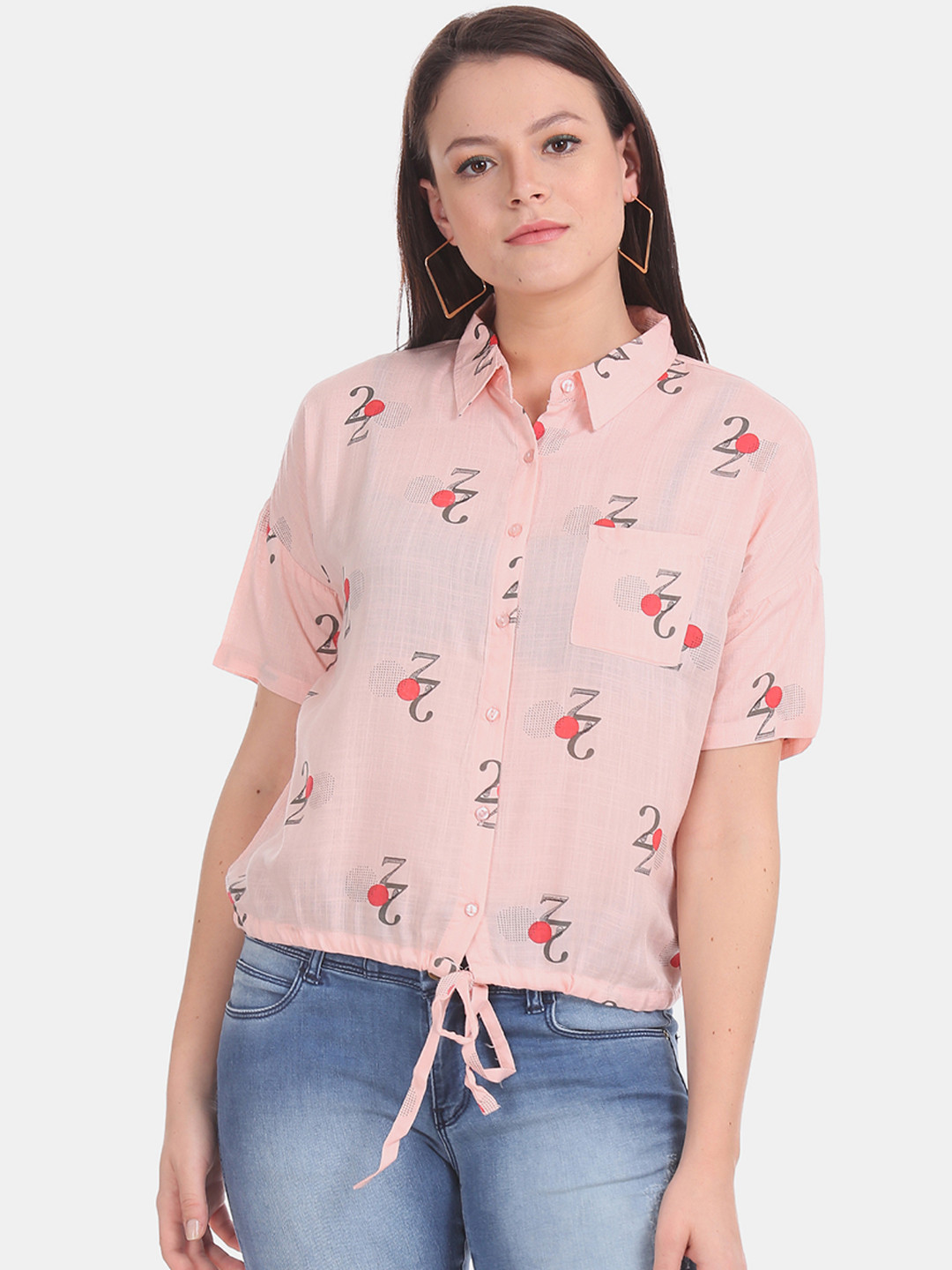 

Sugr Women Pink & Grey Regular Fit Printed Casual Shirt