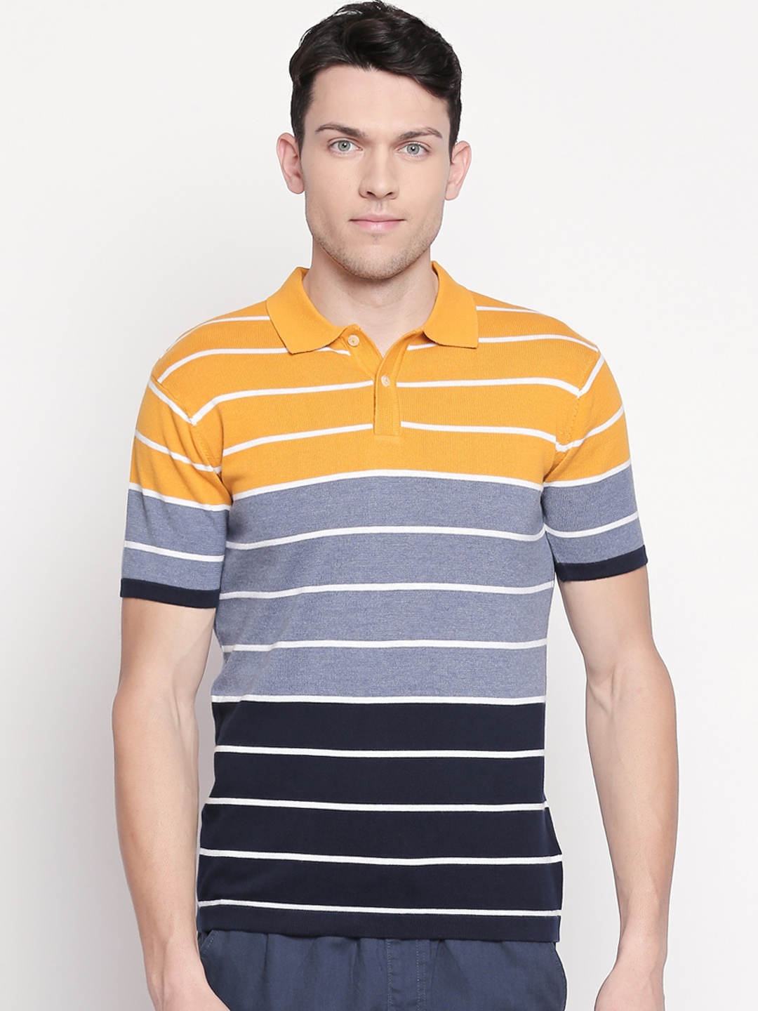 

BYFORD by Pantaloons Men Yellow & Blue Striped Polo Collar T-shirt
