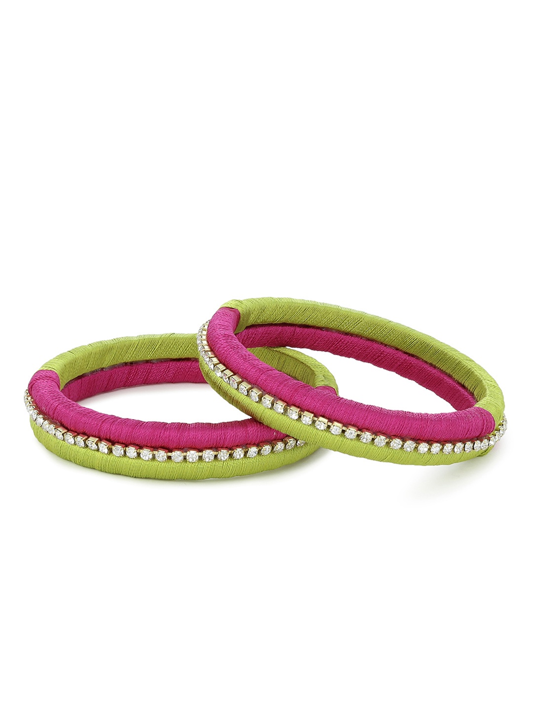 

AKSHARA Girls Set of 2 Green & Pink Stone-Studded Handcrafted Silk Thread Bangles