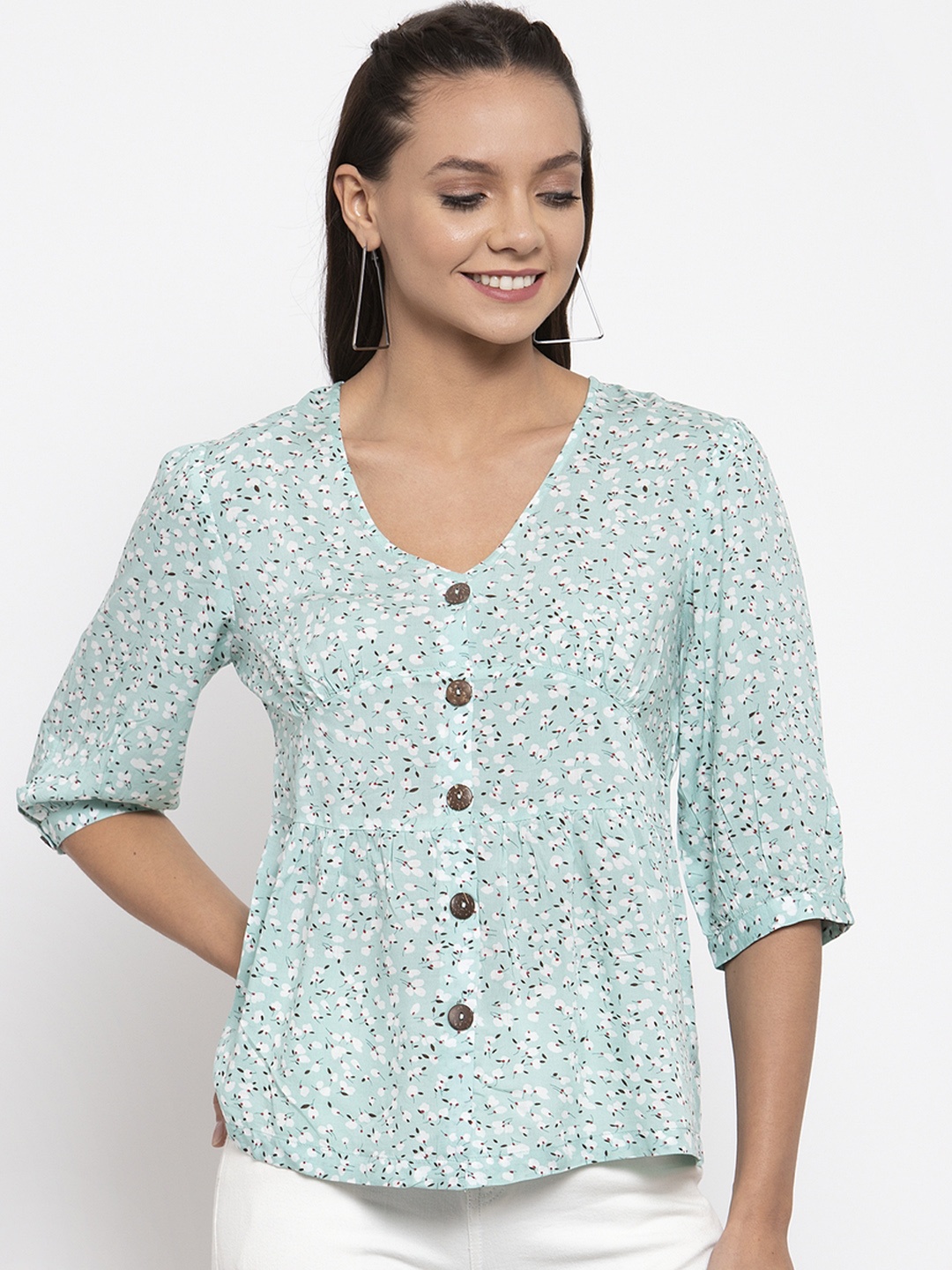 

Gipsy Women Sea Green & White Printed Shirt Style Top