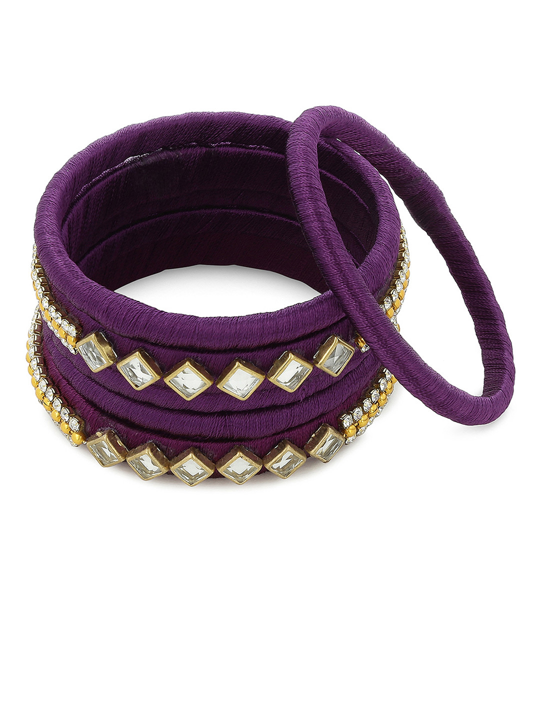 

AKSHARA Girls Set Of 6 Purple & Gold-Toned Stone Studded Handcrafted Silk Thread Bangles