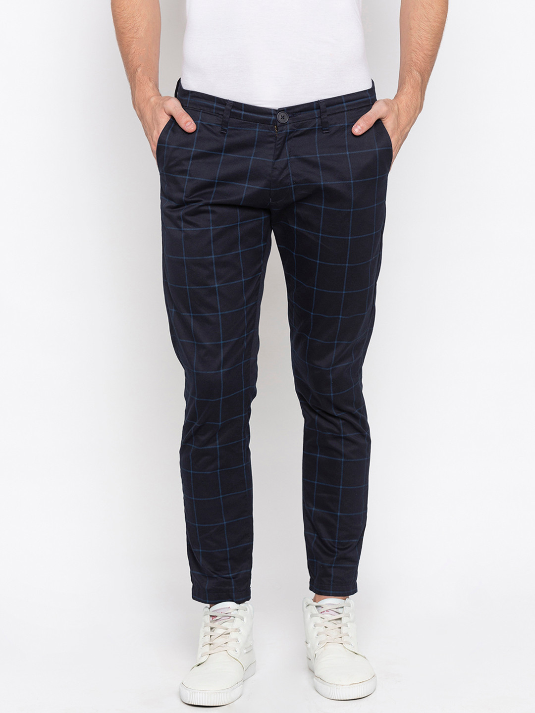 

SPYKAR Men Navy Blue Tapered Fit Checked Regular Trousers