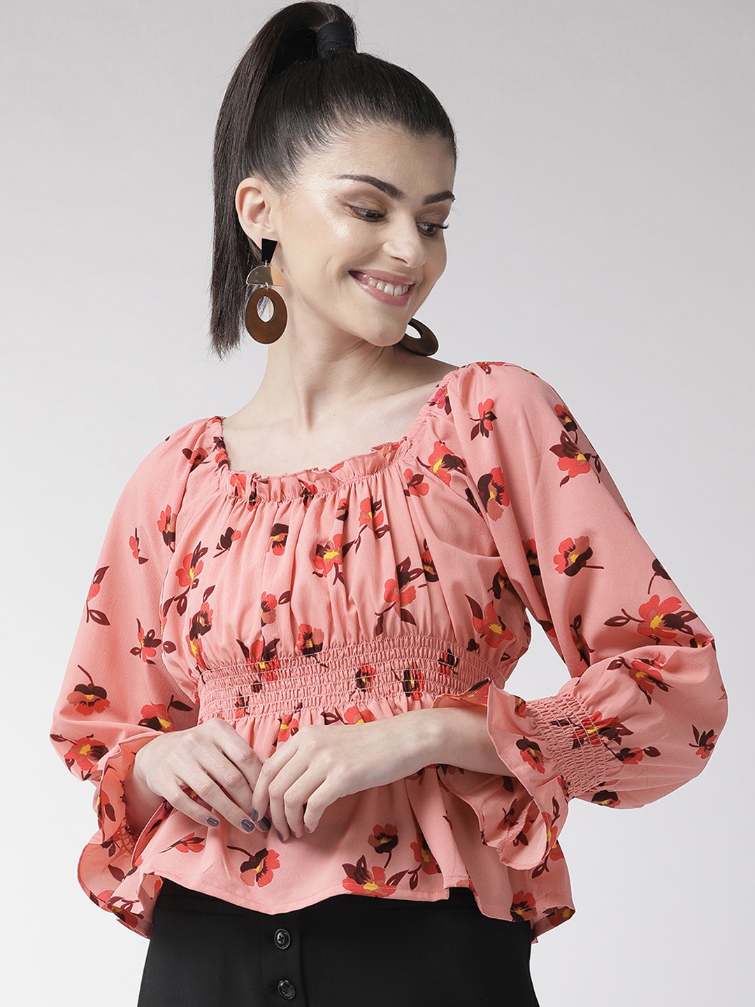 

plusS Women Peach-Coloured Floral Print Cinched Waist Top with Smocked Detail
