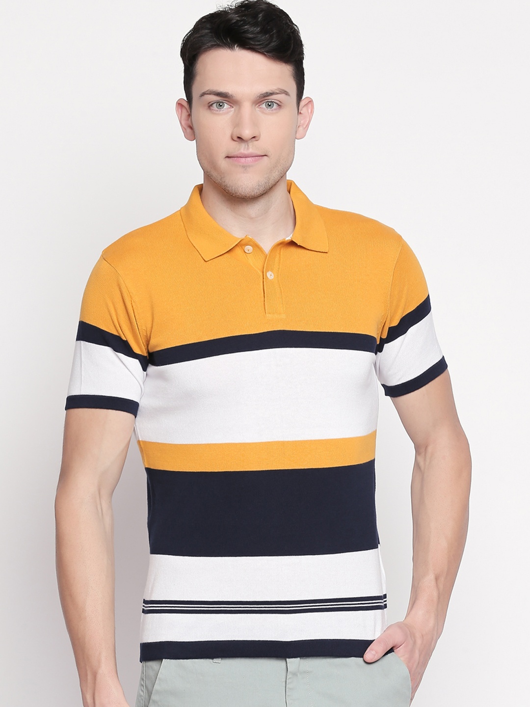 

BYFORD by Pantaloons Men Yellow White Striped Polo Collar Pure Cotton T-shirt