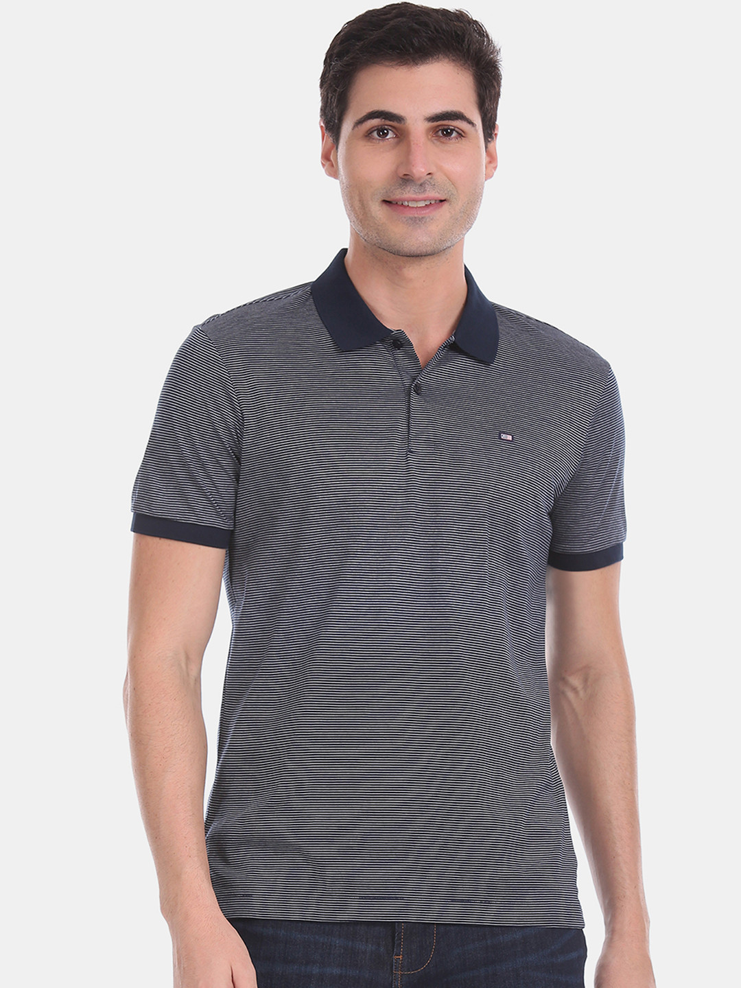 

Arrow Sport Men Navy Blue Striped Polo Collar T-shirt