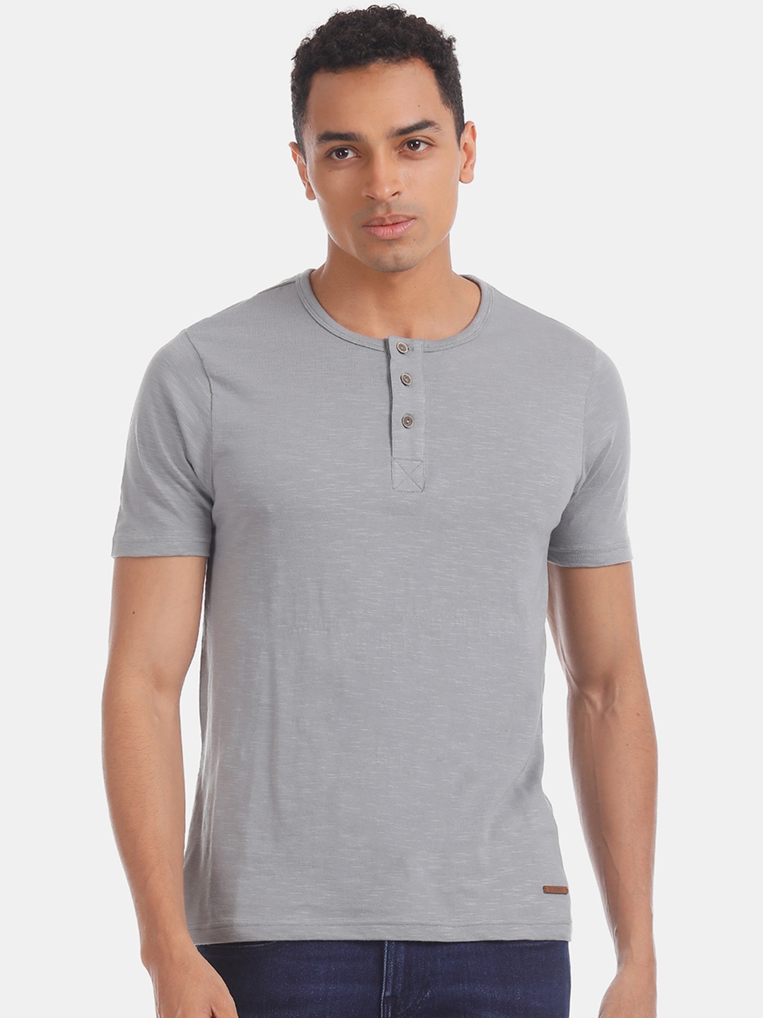 

Cherokee Men Grey Solid Henley Neck Pure Cotton T-shirt