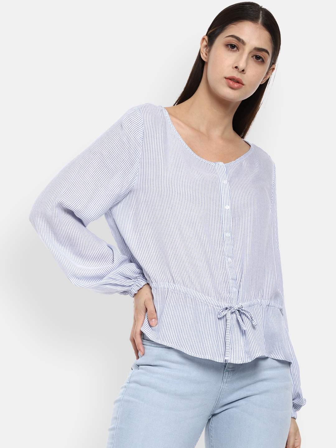 

Van Heusen Woman Blue & White Striped Cinched Waist Top