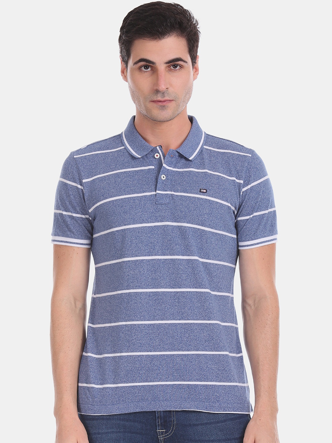 

Arrow Men Blue & White Striped Polo Collar T-shirt