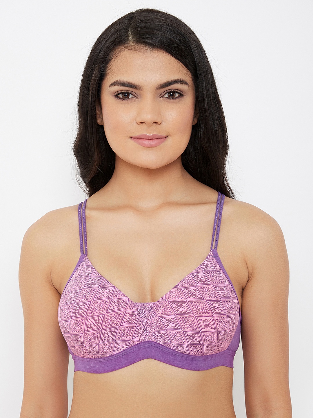 

Clovia Pink & Purple Printed Non-Wired Lightly Padded T-shirt Bra BR2009P1432B