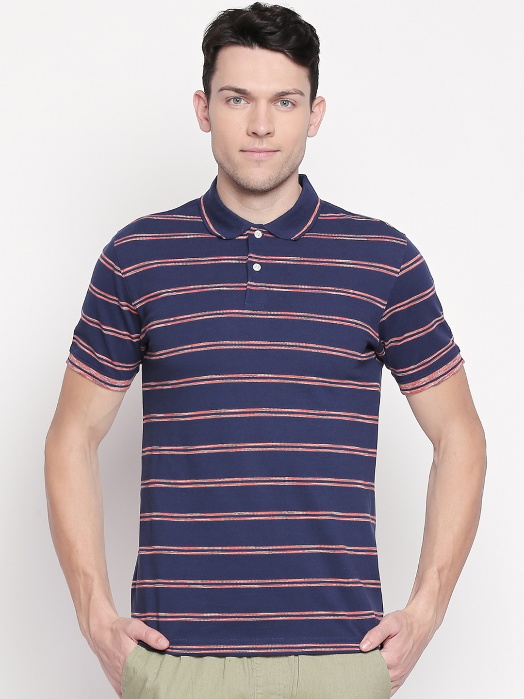 

BYFORD by Pantaloons Men Navy Blue Striped Polo Collar T-shirt