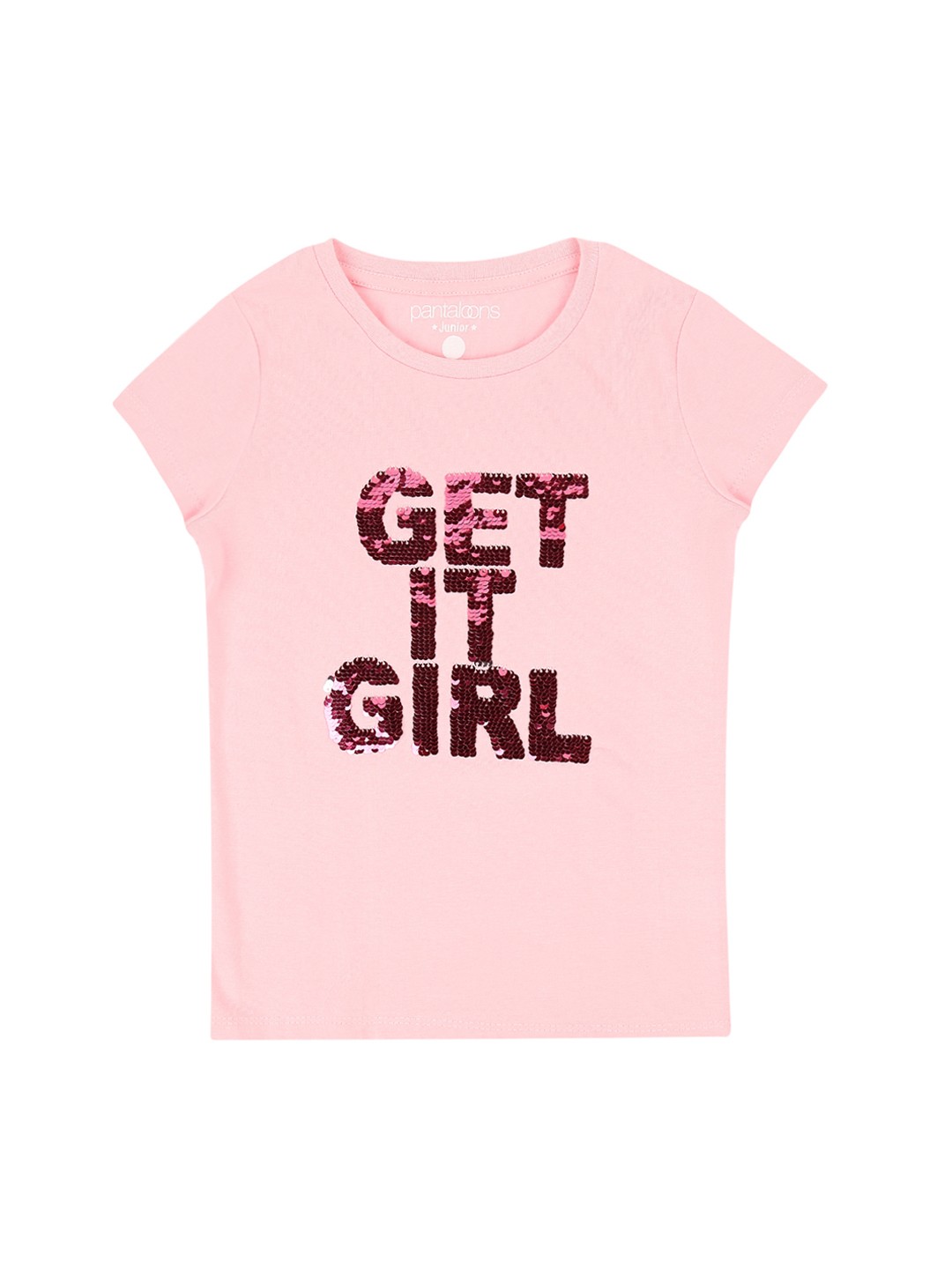 

Pantaloons Junior Girls Pink Sequinned Round Neck Pure Cotton T-shirt