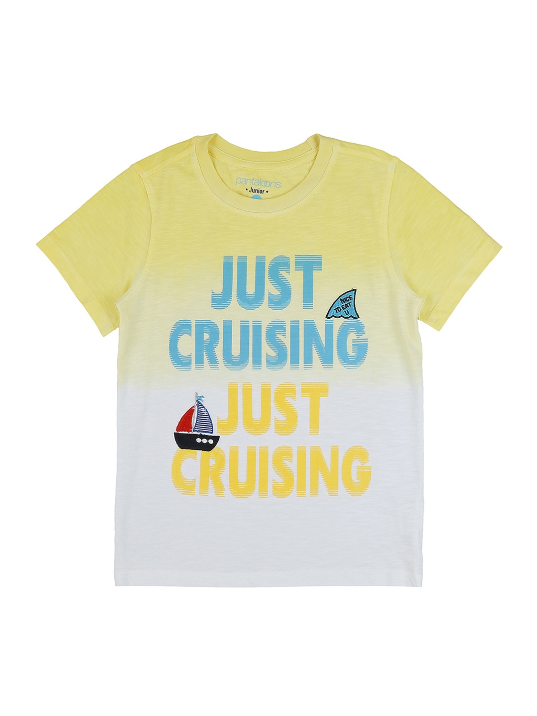 

Pantaloons Junior Boys Yellow White Printed Round Neck Pure Cotton T-shirt