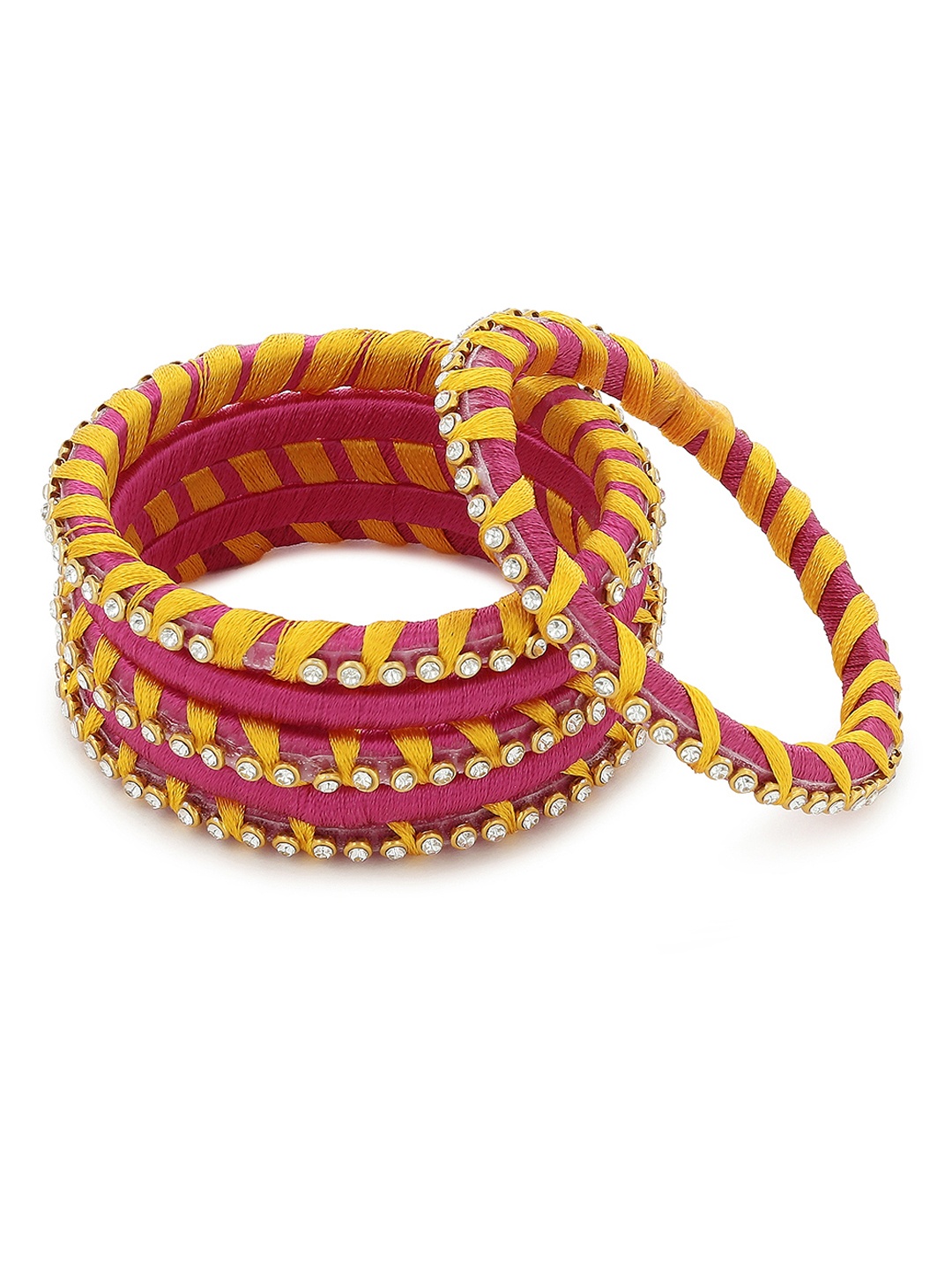 

AKSHARA Girls Set of 6 Pink & Yellow Stone Studded Handcrafted Silk Thread Bangles