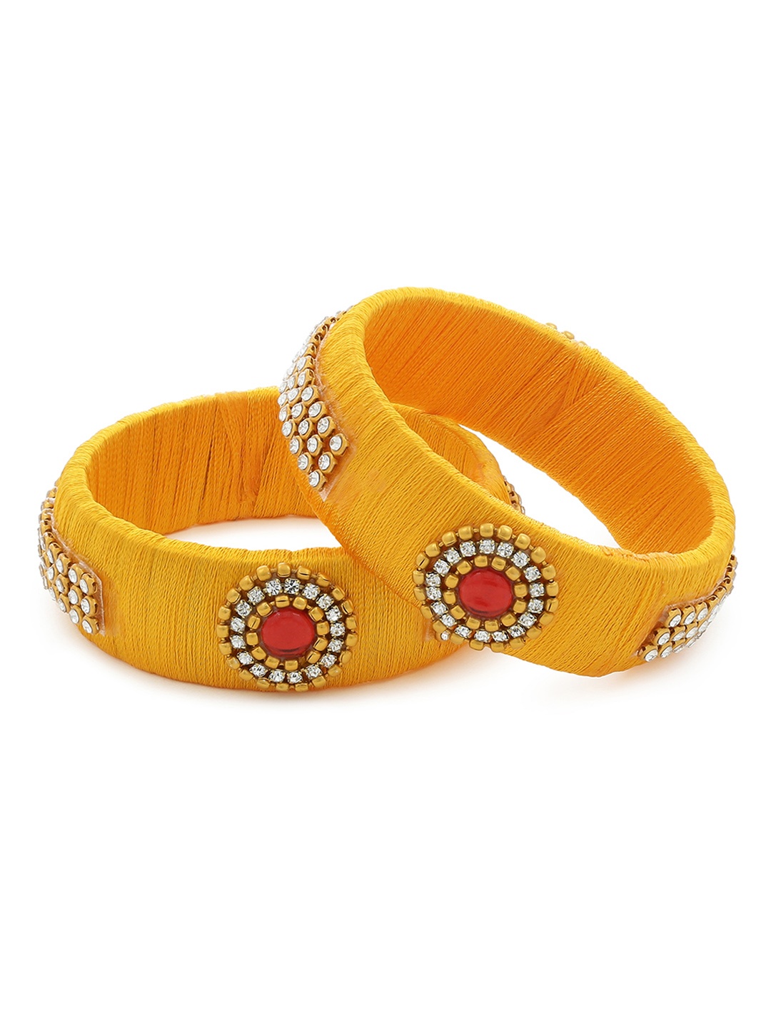 

AKSHARA Girls Set of 2 Yellow & Red Stone-Studded Handcrafted Silk Thread Bangles