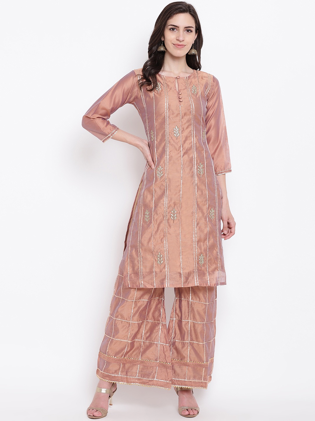 

Kvsfab Women Taupe & Gold-Coloured Embroidered Kurta with Palazzos