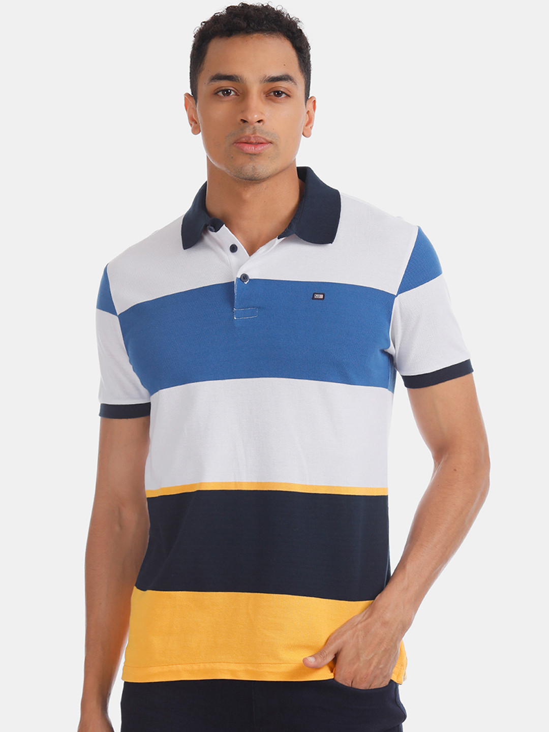 

Arrow Sport Men White Blue Striped Polo Collar Pure Cotton T-shirt