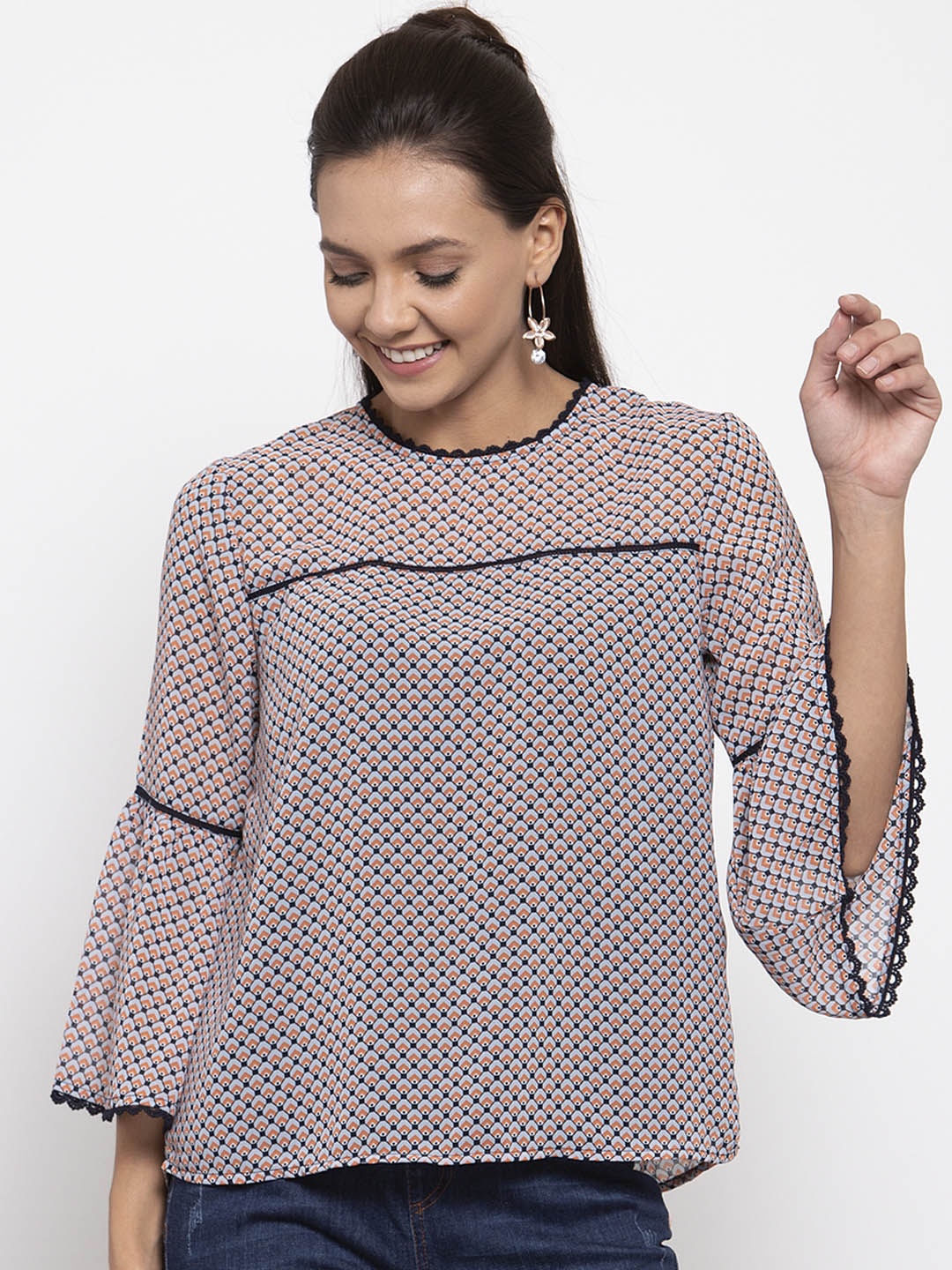 

Gipsy Women Blue & Orange Printed A-Line Top