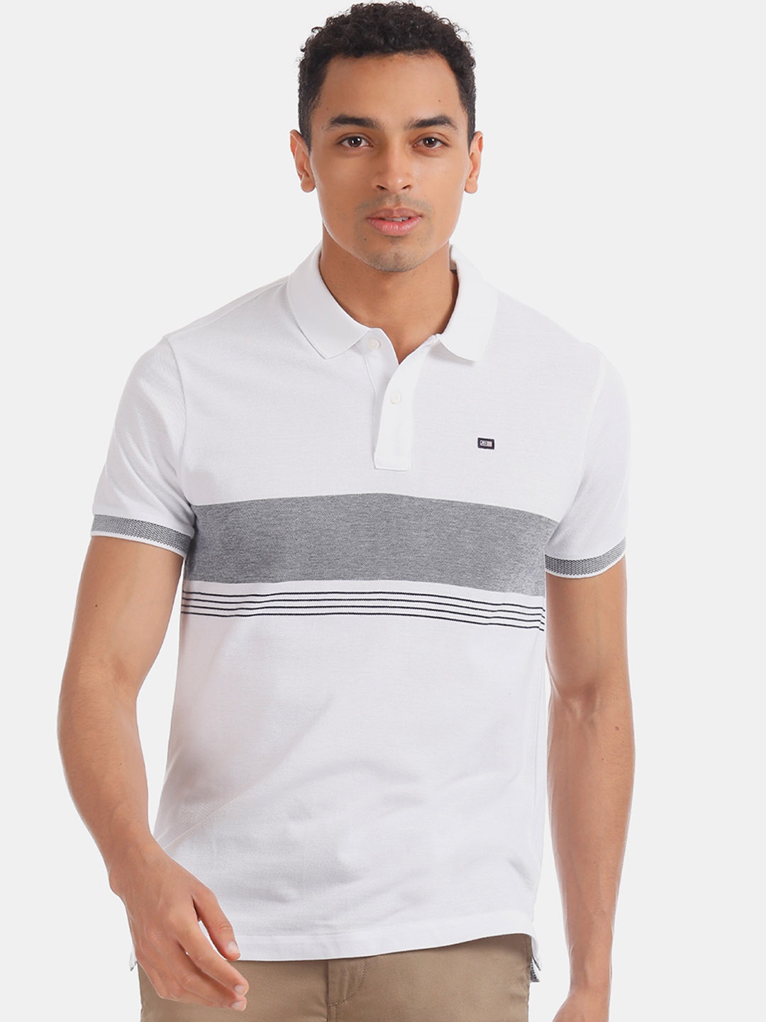 

Arrow Men White Grey Striped Polo Collar Pure Cotton T-shirt