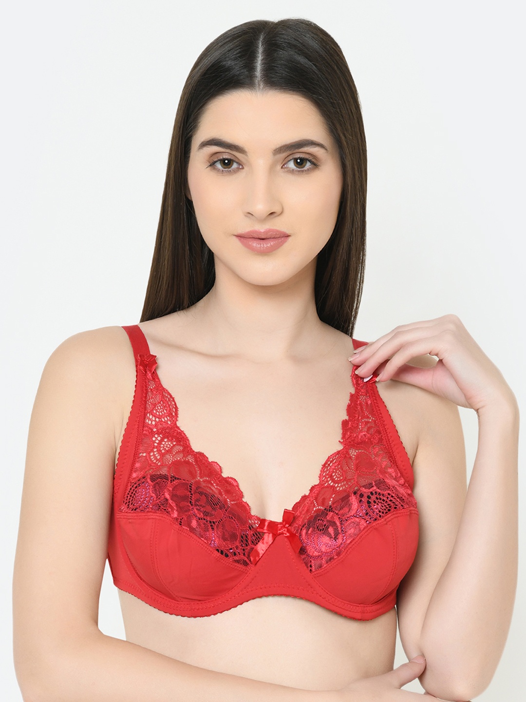 

Da Intimo Red Lace Underwired Non Padded Plunge Bra DI-1288