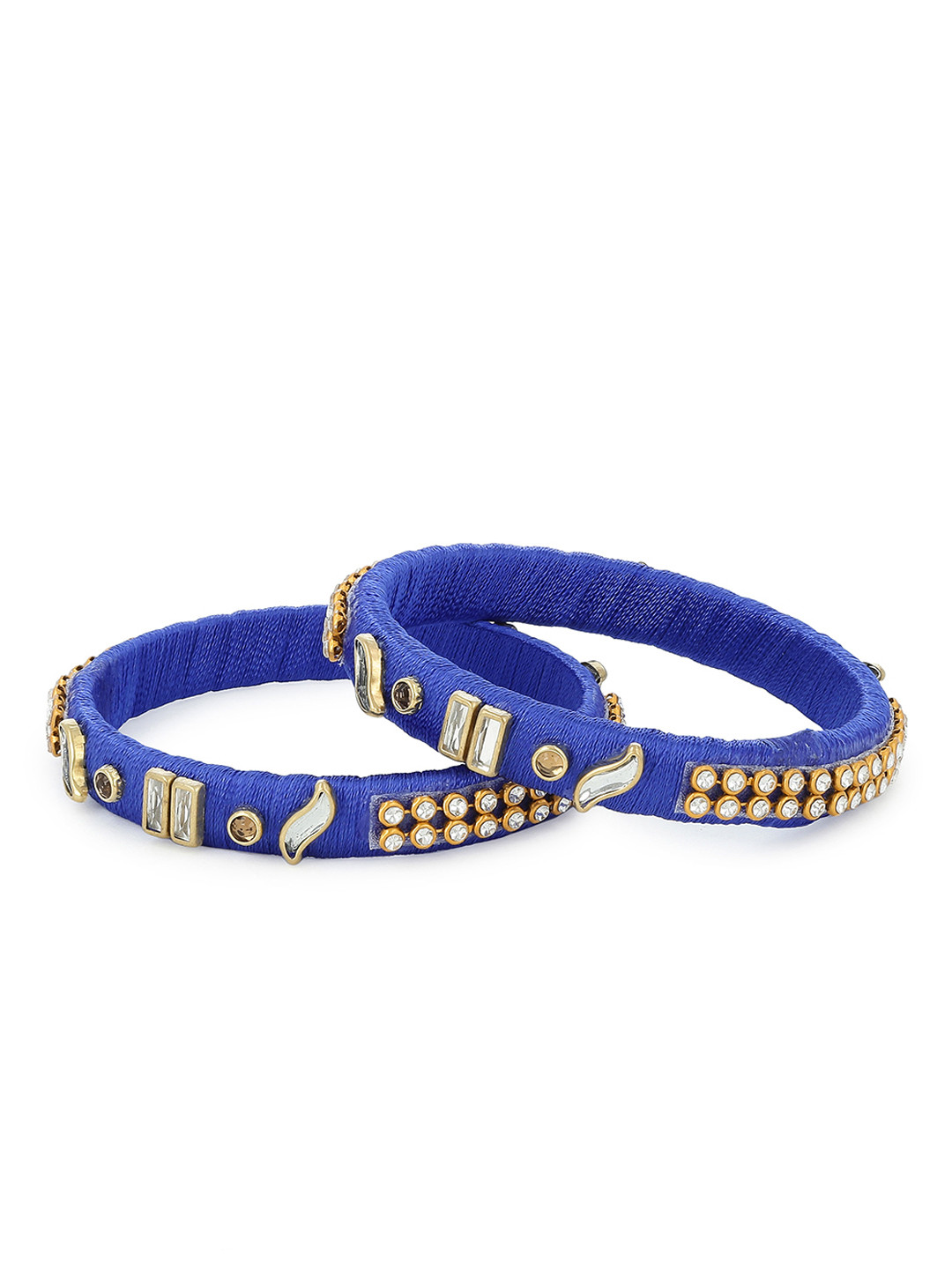 

AKSHARA Girls Set of 2 Blue & Gold-Toned Stone-Studded Handcrafted Silk Thread Bangles