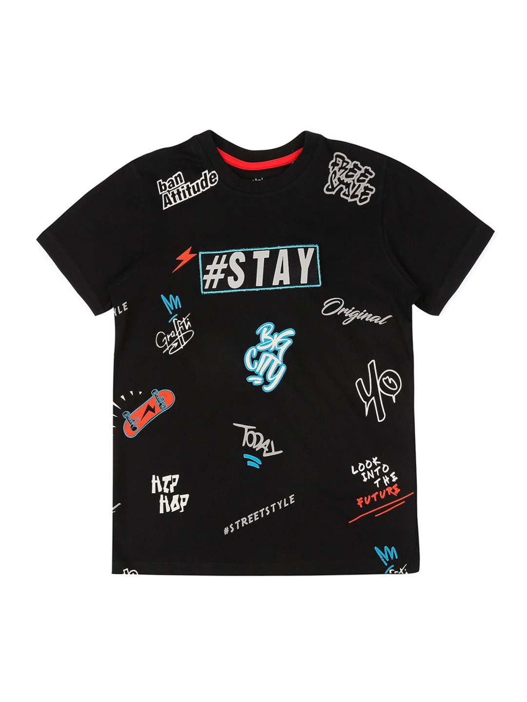 

Pantaloons Junior Boys Black Printed Round Neck Pure Cotton T-shirt