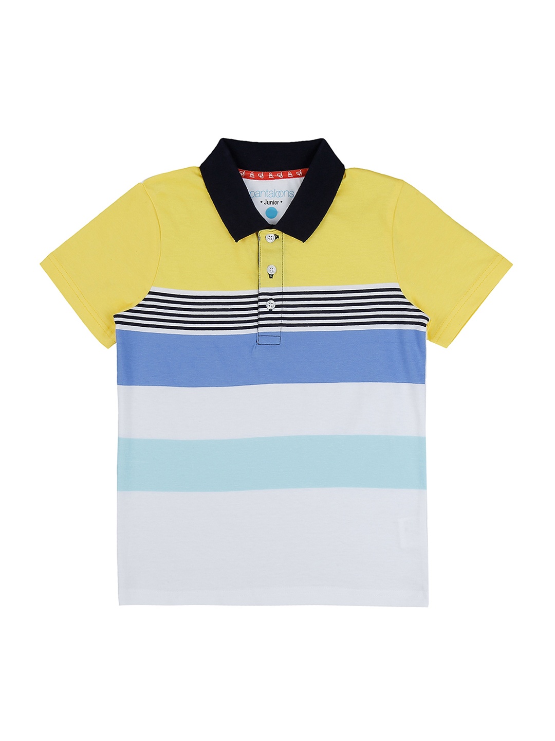 

Pantaloons Junior Boys White Yellow Striped Polo Collar Pure Cotton T-shirt
