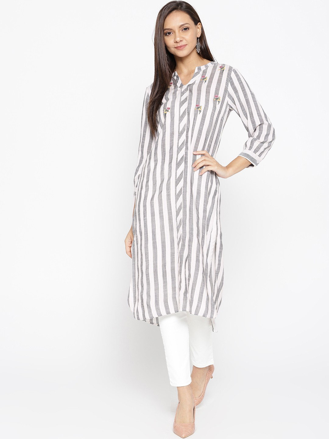 

Be Indi Women Grey & White Striped Straight Kurta