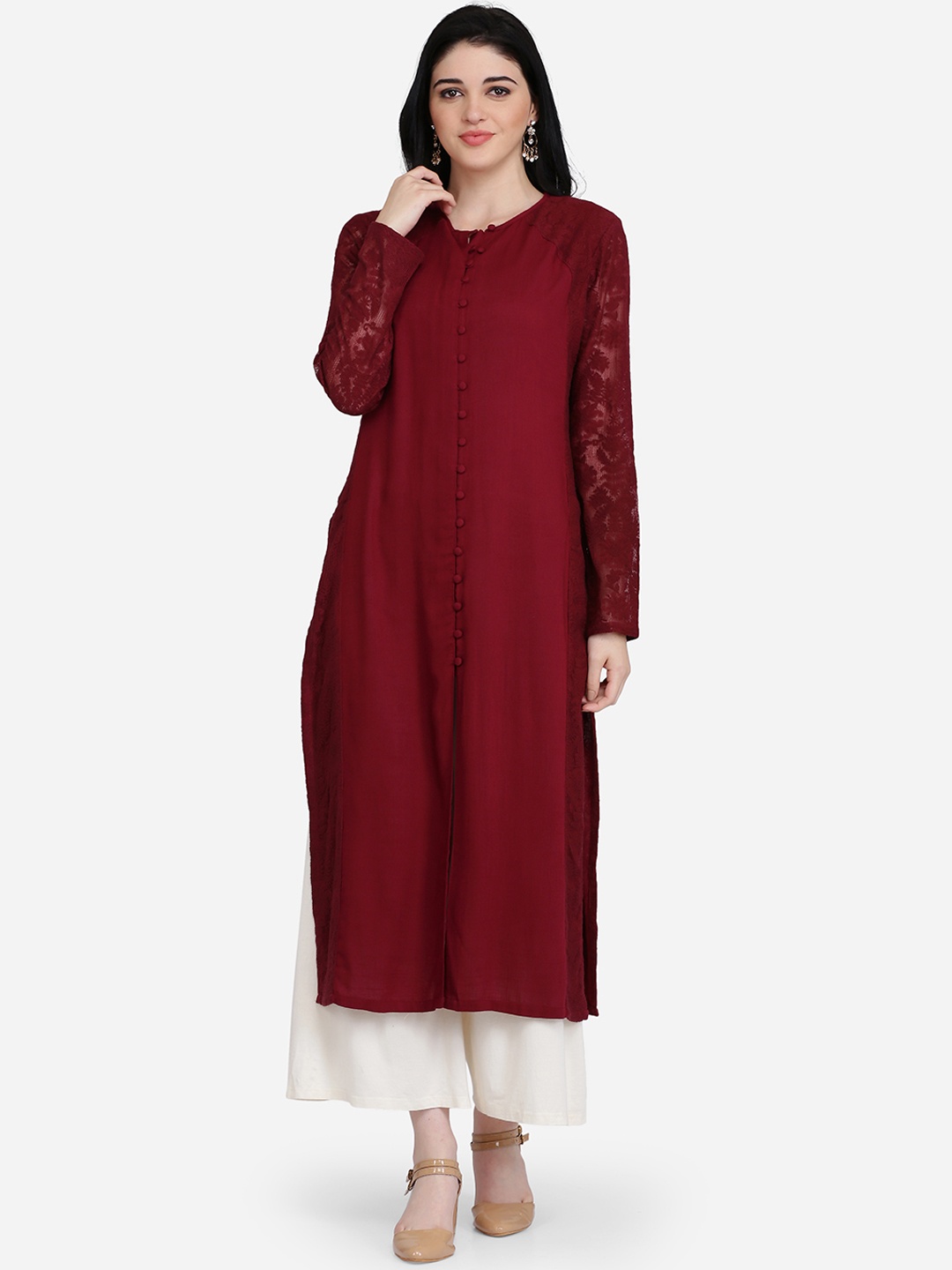 Ojjasvi Women Maroon Woven Design Straight Kurta