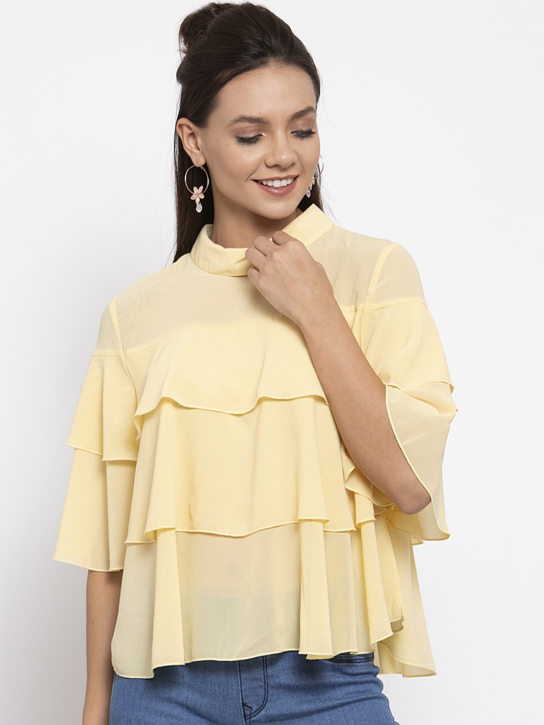 

Gipsy Women Yellow Solid Tiered Top