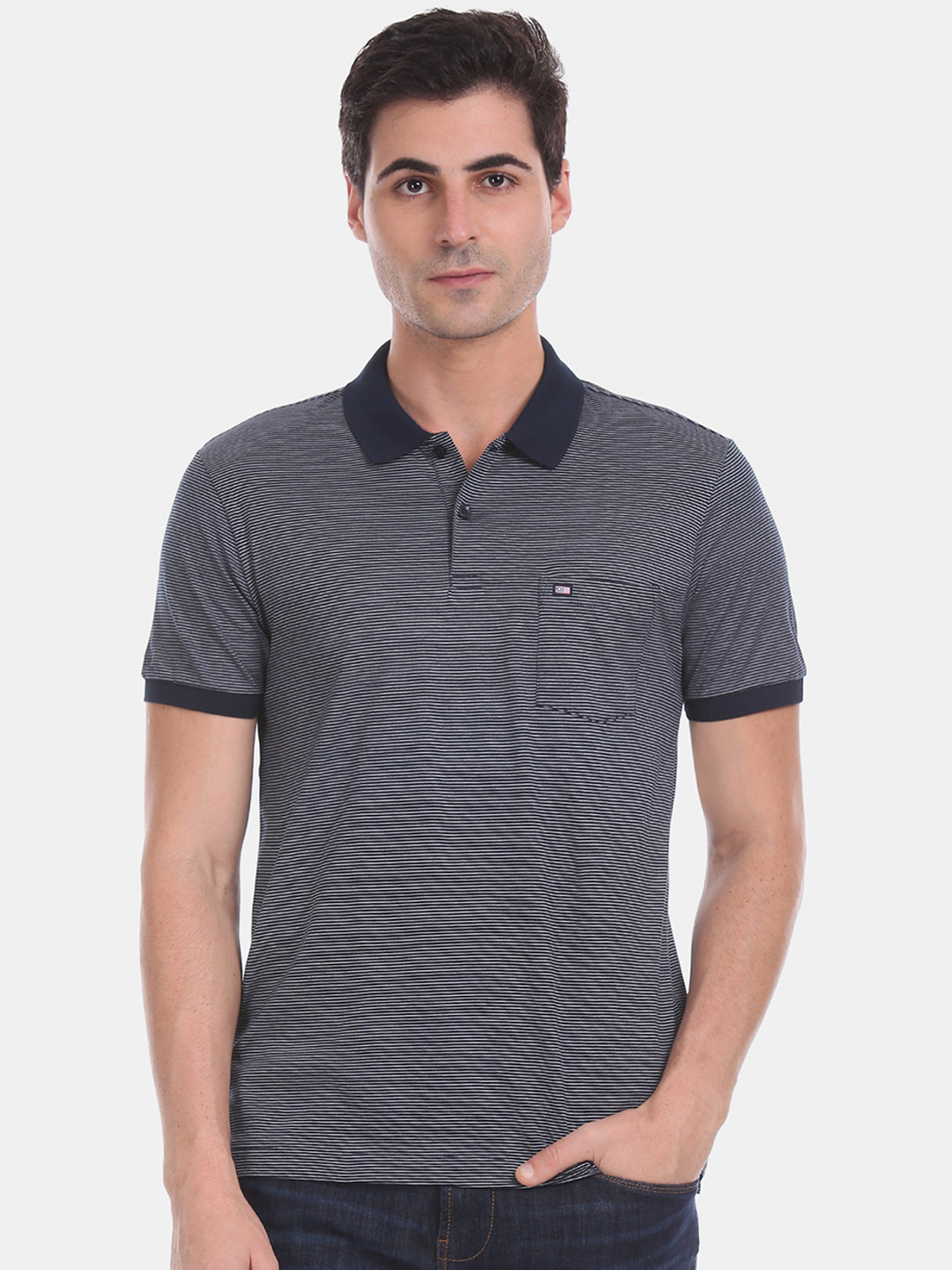 

Arrow Sport Men Navy Blue Striped Polo Collar T-shirt
