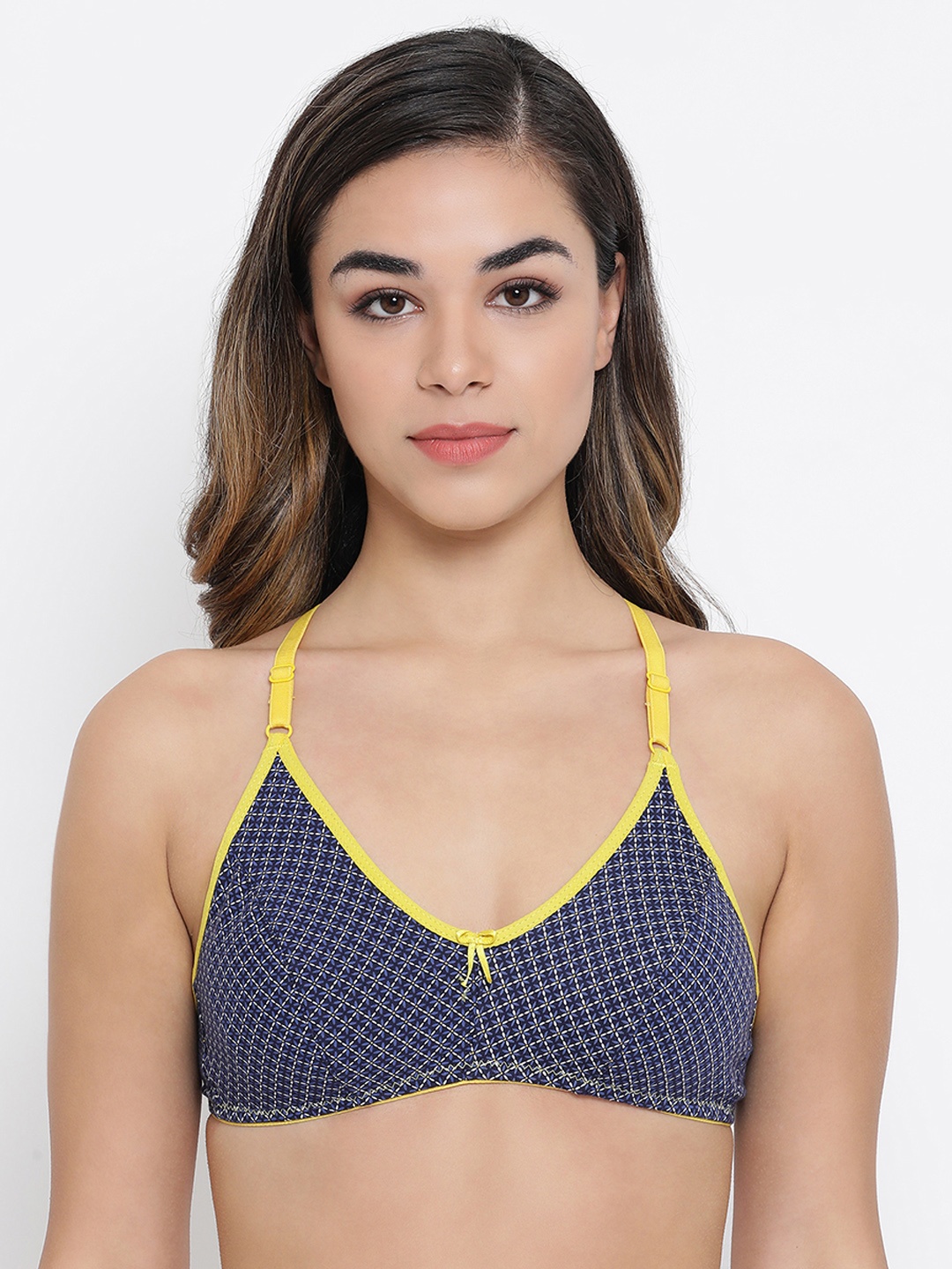 

Clovia Navy Blue & Yellow Printed Non-Wired Non Padded Everyday Bra BR1627Y0832B