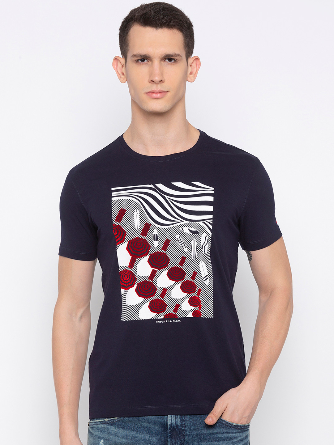 

SPYKAR Men Navy Blue Printed Round Neck T-shirt