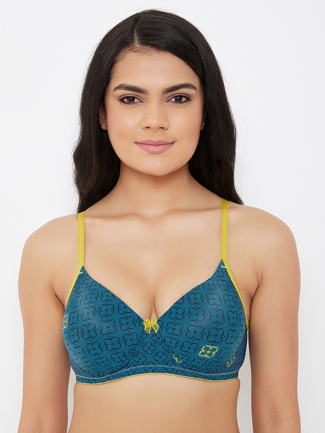 

Clovia Teal Blue Printed Non-Wired Lightly Padded T-shirt Bra BR1804G08