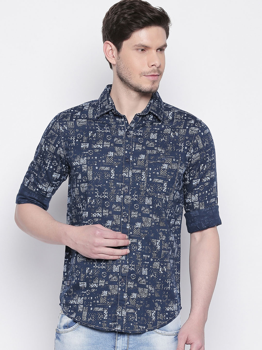 

Mufti Men Navy Blue & Grey Slim Fit Printed Casual Shirt