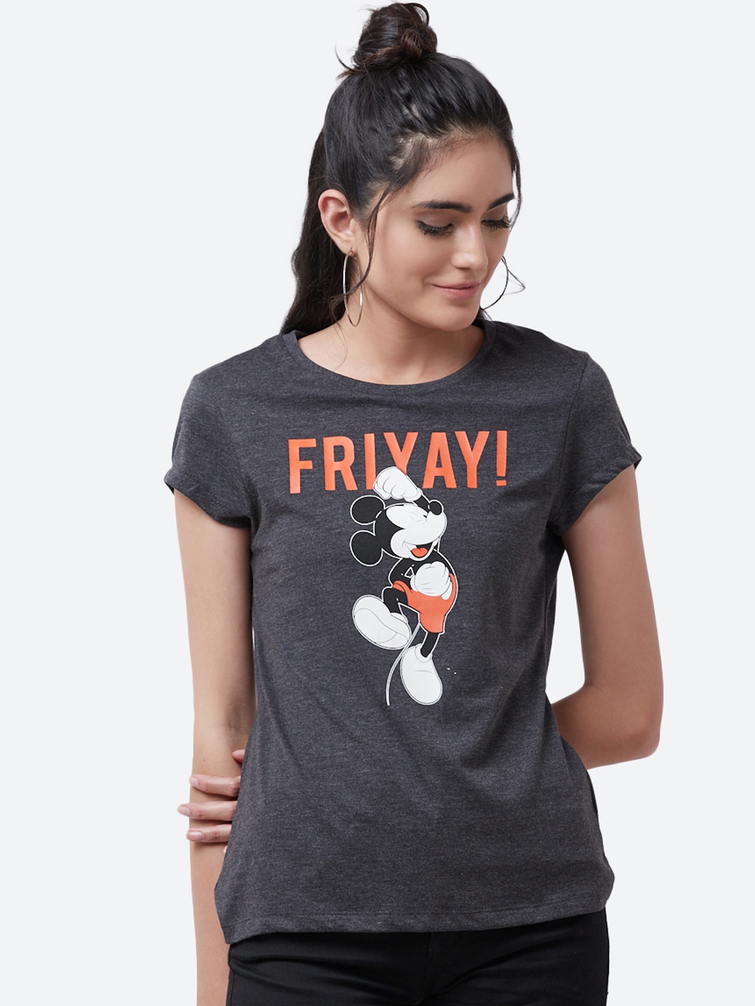 

Free Authority Mickey & Friends Featured Women Black Printed T-shirt