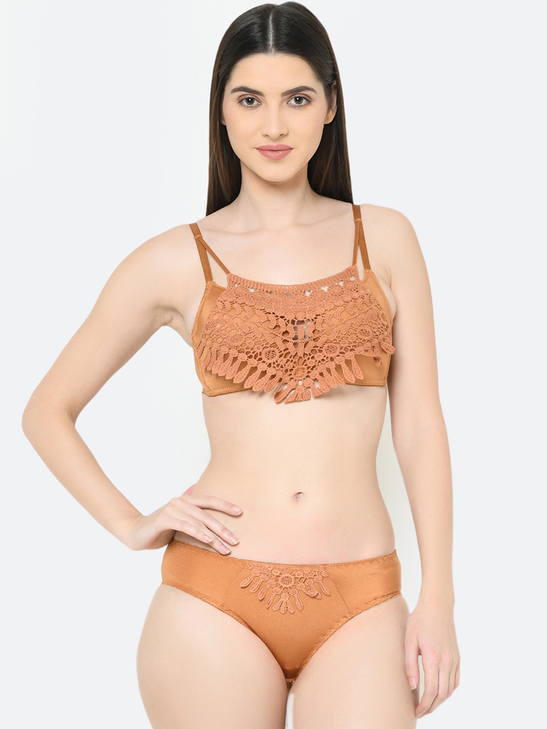 

Da Intimo Women Mustard Brown Lace Trimmed Bralette Lingerie Set DI-1285