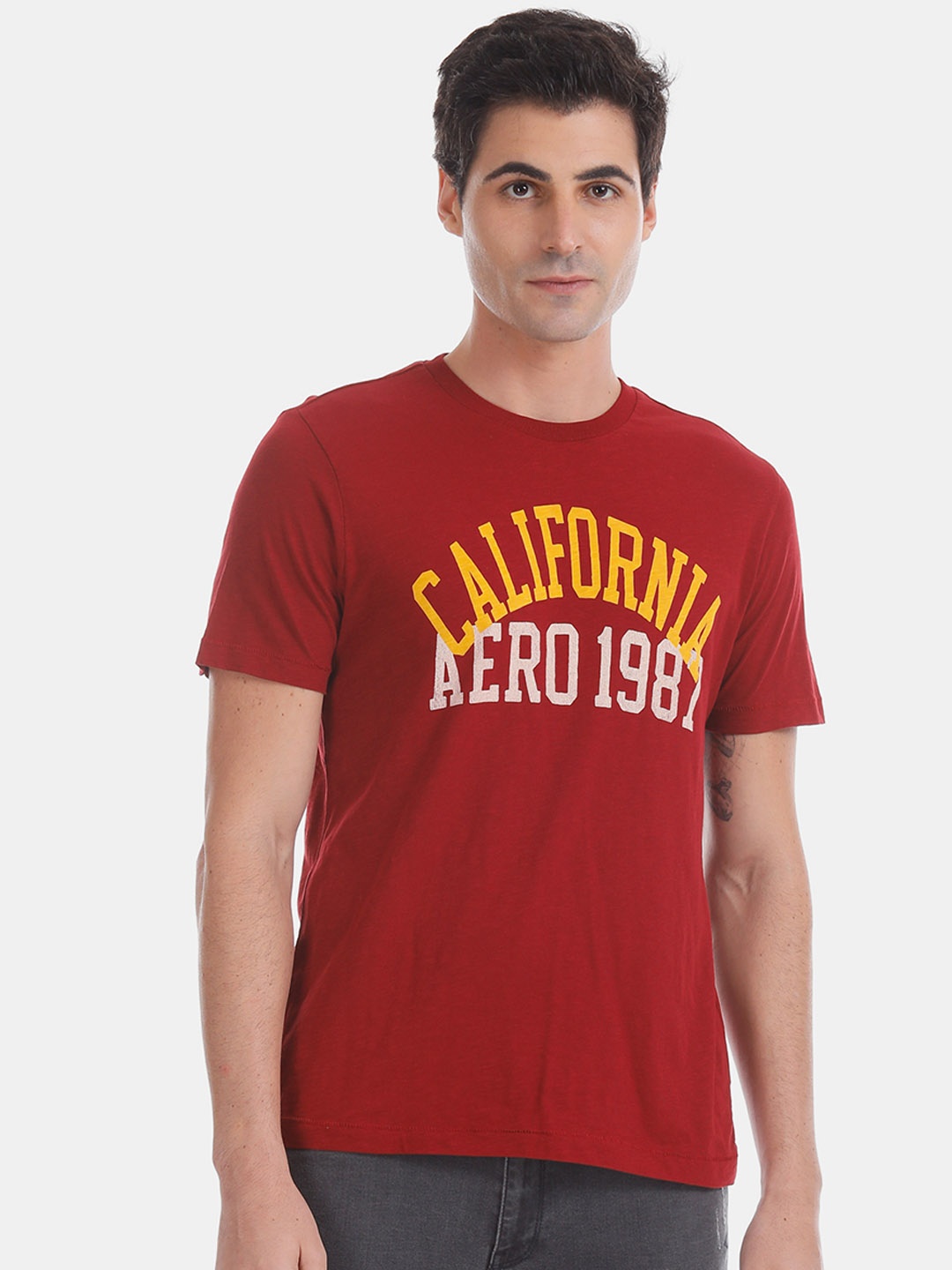 

Aeropostale Men Red Printed Round Neck Pure Cotton T-shirt