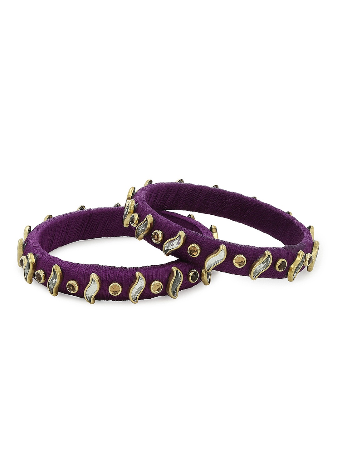 

AKSHARA Girls Set of 2 Blue & Gold-Toned Stone-Studded Handcrafted Silk Thread Bangles, Purple