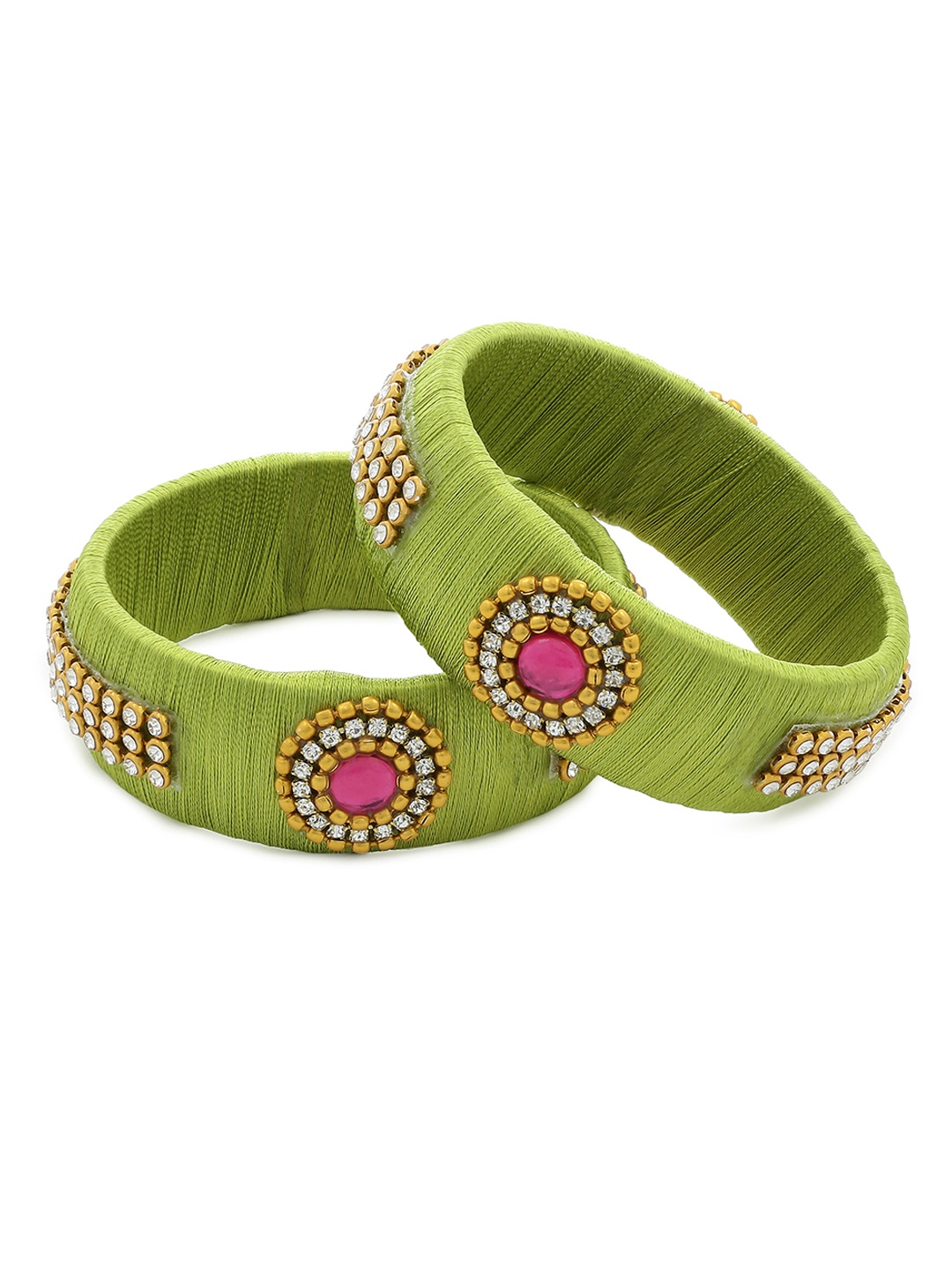 

AKSHARA Girls Set of 2 Green & White Stone-Studded Handcrafted Silk Thread Bangles